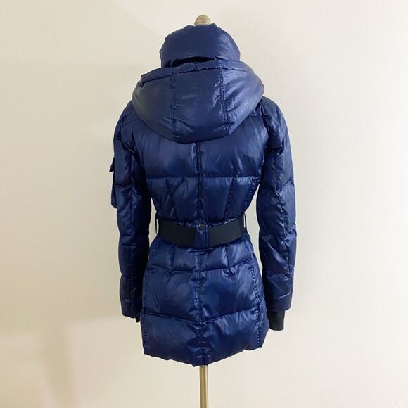 S13 NYC Navy Blue Satin Down Fill Parka XS Zip Up Belted Waist Removable Hood - Picture 4 of 8